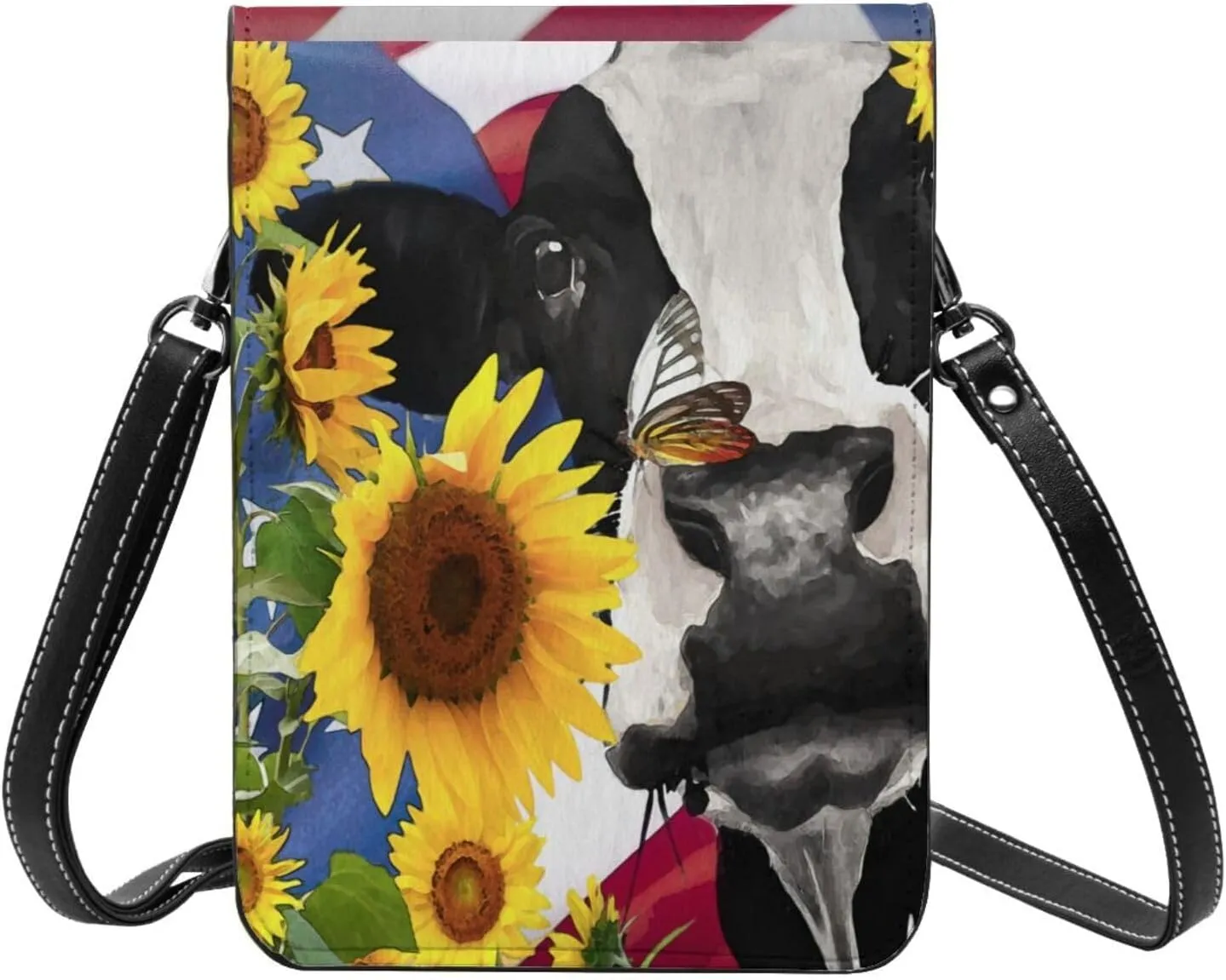 Sunflower Cow American Flag Cell Phone Purse Small Crossbody Bags For Women Men Wallet Purses With Adjustable Strap