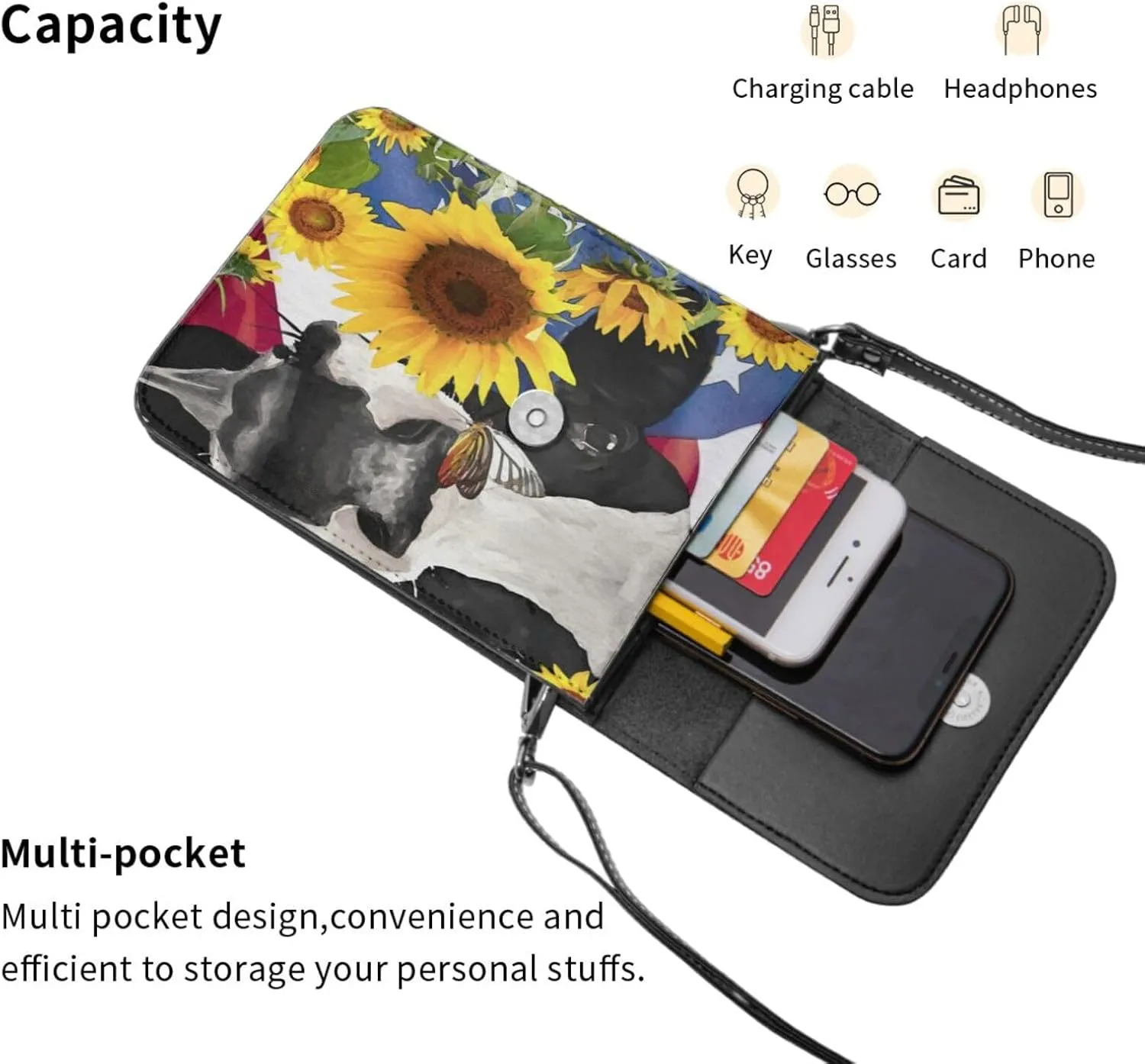 Sunflower Cow American Flag Cell Phone Purse Small Crossbody Bags For Women Men Wallet Purses With Adjustable Strap