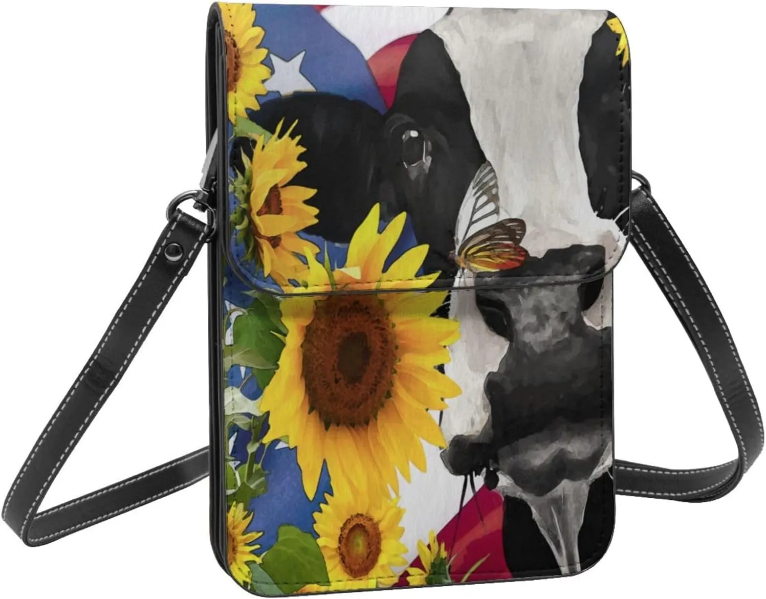 Sunflower Cow American Flag Cell Phone Purse Small Crossbody Bags For Women Men Wallet Purses With Adjustable Strap