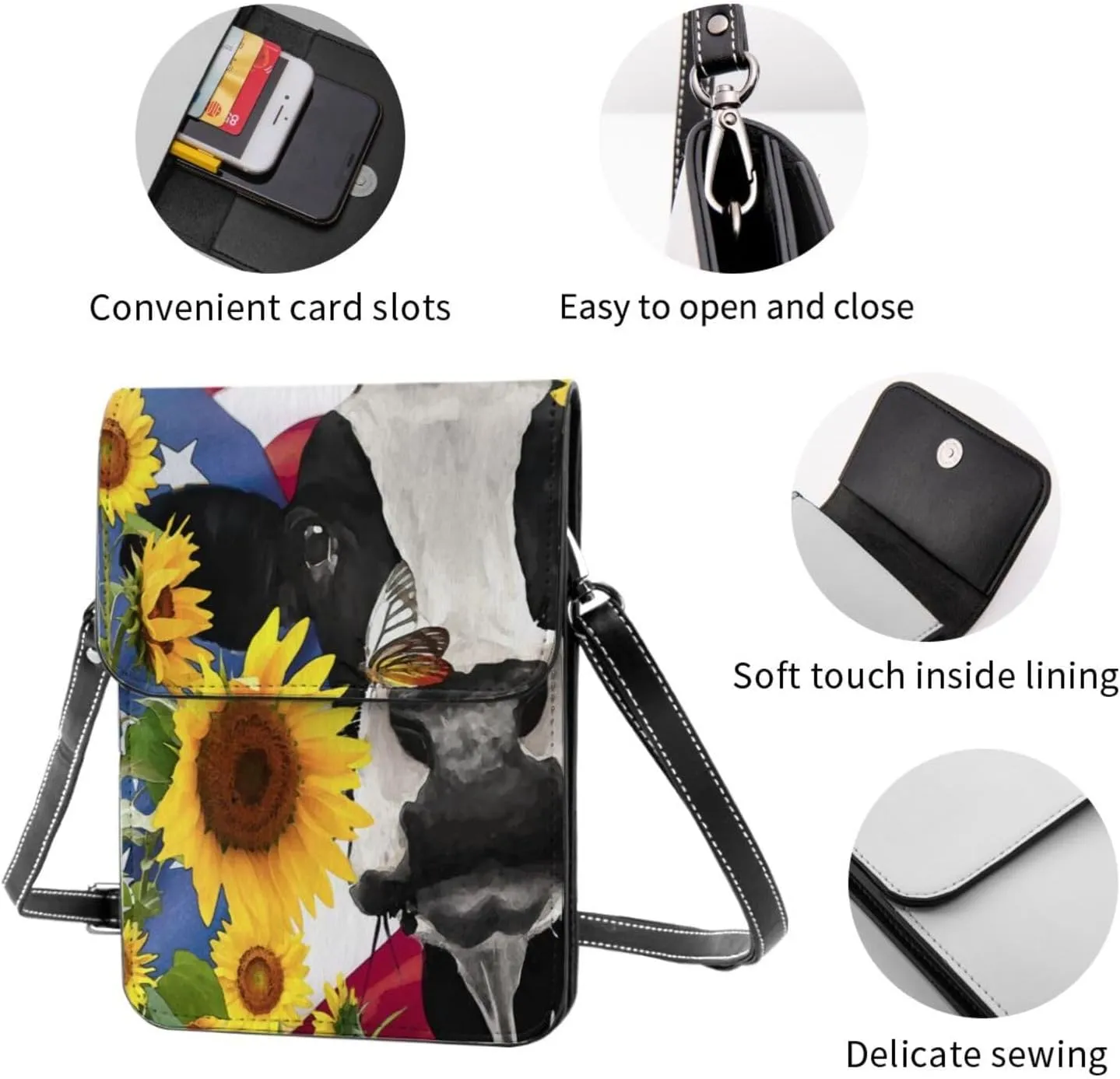 Sunflower Cow American Flag Cell Phone Purse Small Crossbody Bags For Women Men Wallet Purses With Adjustable Strap
