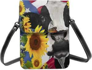 Sunflower Cow American Flag Cell Phone Purse Small Crossbody Bags For Women Men Wallet Purses With Adjustable Strap