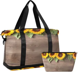 Sunflowers on Wooden Duffel Bag Lightweight Carry On Gym Bags for Travel and Weekends, Versatile Overnight Bag with Shoe Compartment