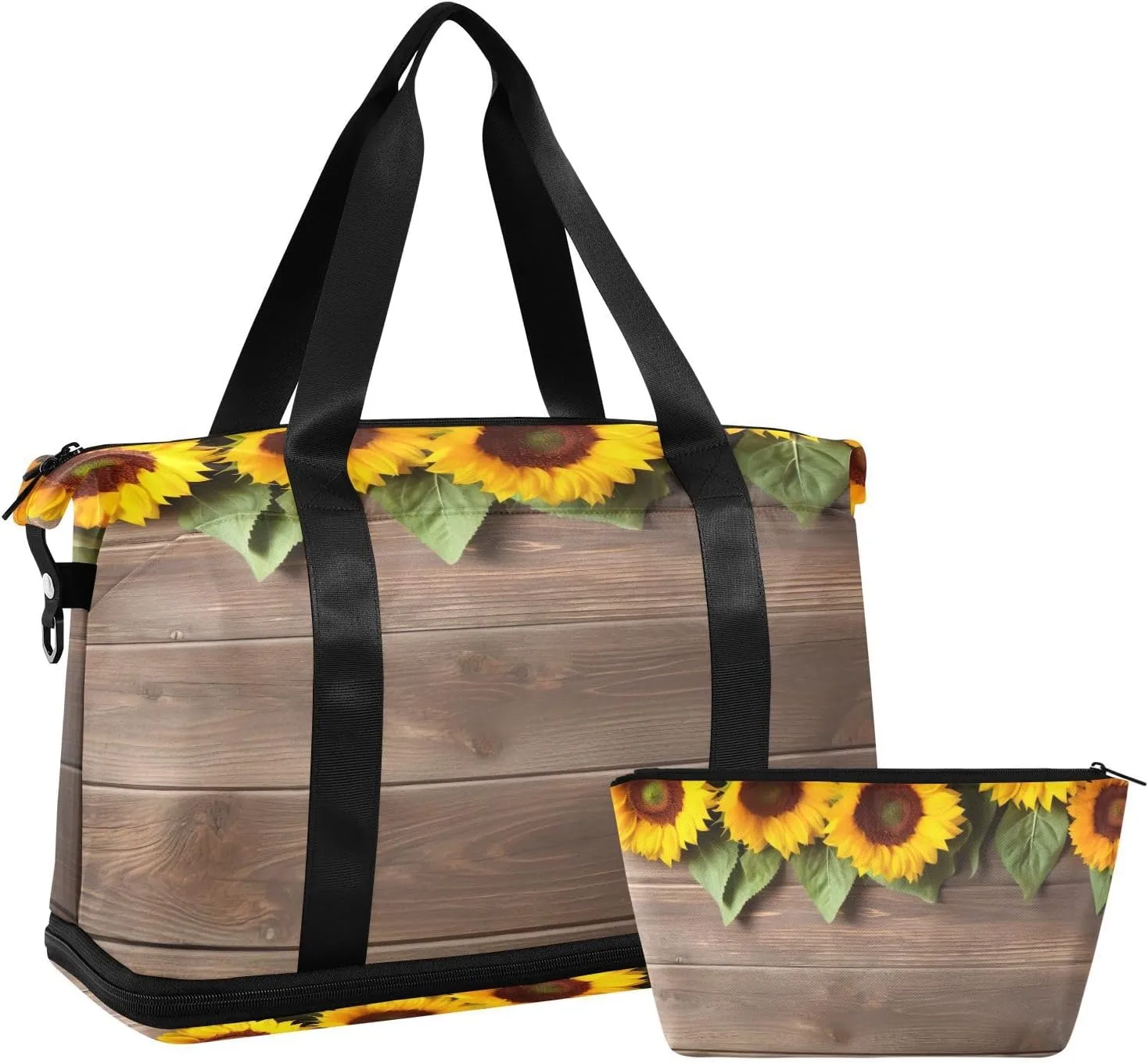 Sunflowers on Wooden Duffel Bag Lightweight Carry On Gym Bags for Travel and Weekends, Versatile Overnight Bag with Shoe Compartment