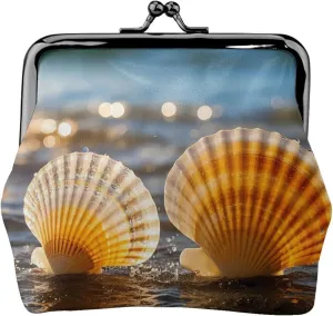 Sunlit Shells Print PU Leather Coin Purse, Portable Mini Kiss-lock Change Purse Coin Wallets for Women Men, Keys