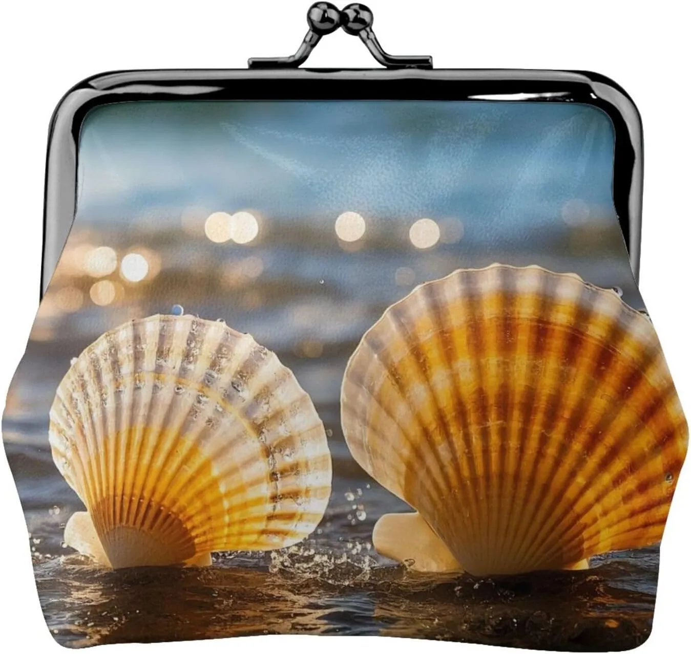 Sunlit Shells Print PU Leather Coin Purse, Portable Mini Kiss-lock Change Purse Coin Wallets for Women Men, Keys