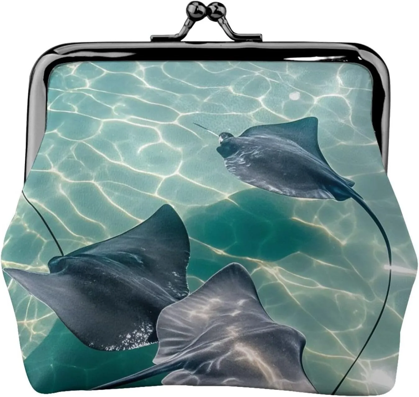 Sunlit Stingrays Print PU Leather Coin Purse, Portable Mini Kiss-lock Change Purse Coin Wallets for Women Men, Keys