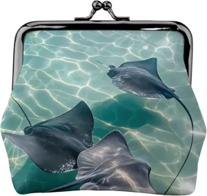 Sunlit Stingrays Print PU Leather Coin Purse, Portable Mini Kiss-lock Change Purse Coin Wallets for Women Men, Keys