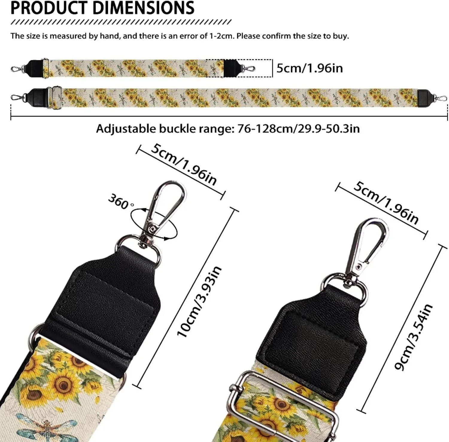 Suobstales Dragonfly Sunflower Print Women's Crossbody Bag with Guitar Strap Adjustable Handbag Purse Shoulder Belt Wide for Handbag