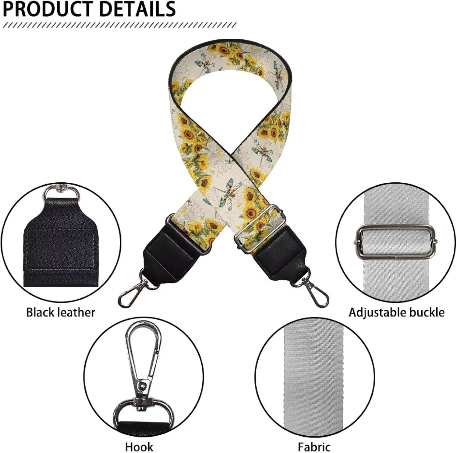 Suobstales Dragonfly Sunflower Print Women's Crossbody Bag with Guitar Strap Adjustable Handbag Purse Shoulder Belt Wide for Handbag