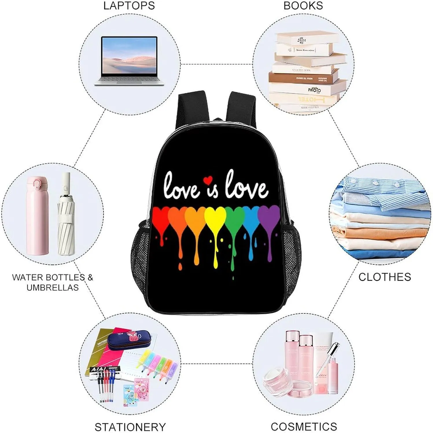 Supdreamc Lightweight Backpack for Gym Travel Bicycle - Big Capacity Multipurpose Transparent Carry On Bag, Lgbt Pride Rainbow Heart Love Is Love Travel Hiking Bag & Day Pack