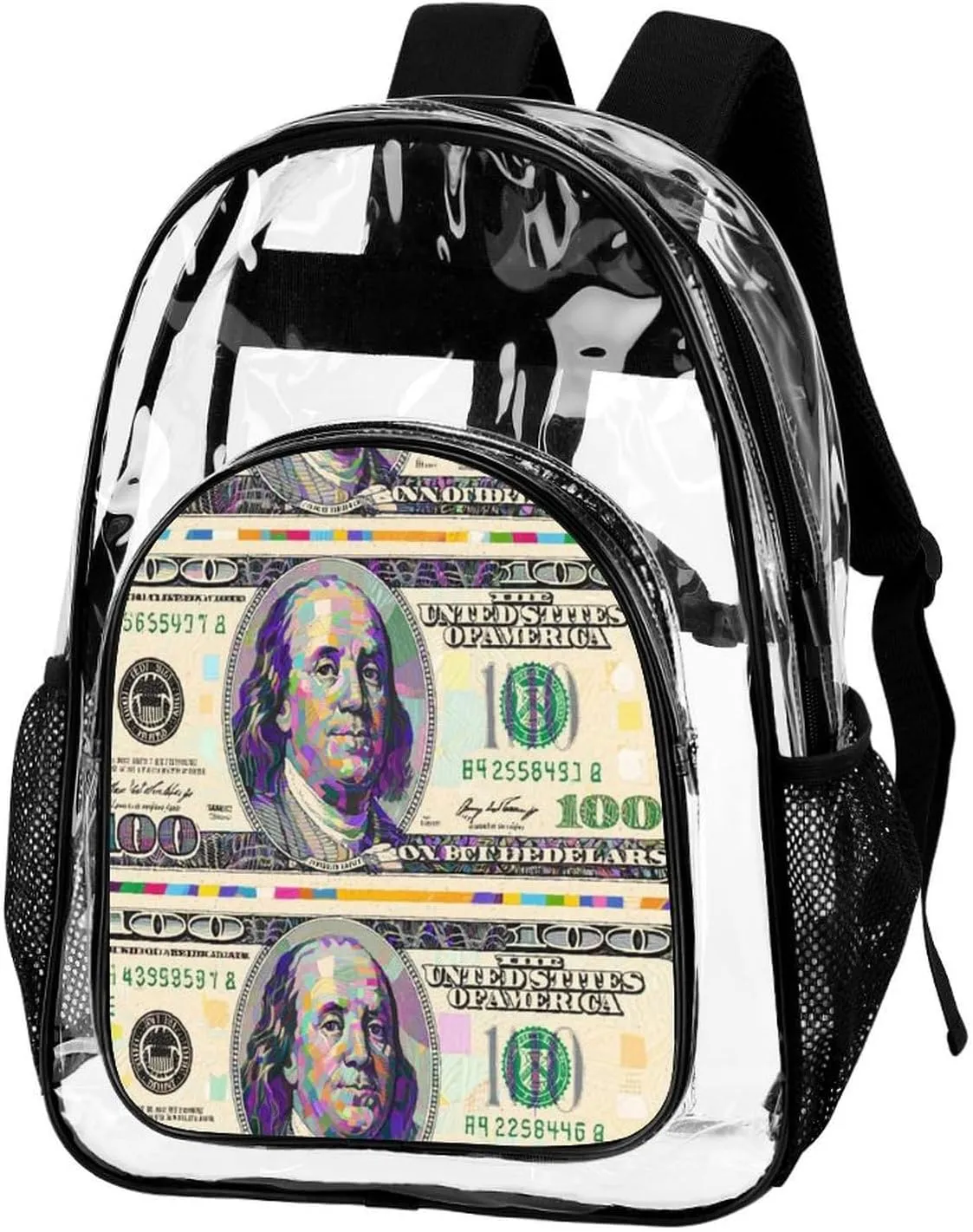 Supdreamc Lightweight Daypack Backpack for Trekking Work Running - Big Capacity Multipurpose Transparent Bookbag, American Money Colorful Bill Dollars Art Business Computer Bag