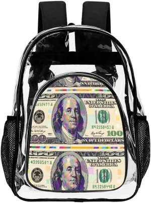 Supdreamc Lightweight Daypack Backpack for Trekking Work Running - Big Capacity Multipurpose Transparent Bookbag, American Money Colorful Bill Dollars Art Business Computer Bag