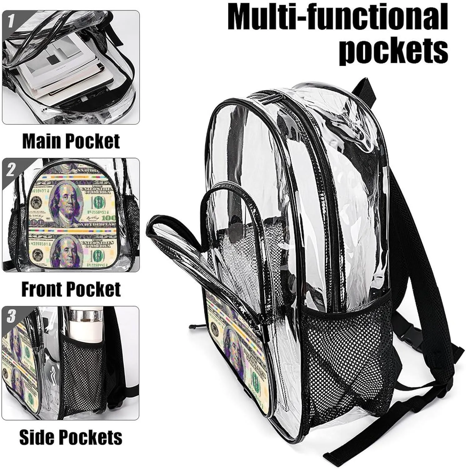 Supdreamc Lightweight Daypack Backpack for Trekking Work Running - Big Capacity Multipurpose Transparent Bookbag, American Money Colorful Bill Dollars Art Business Computer Bag