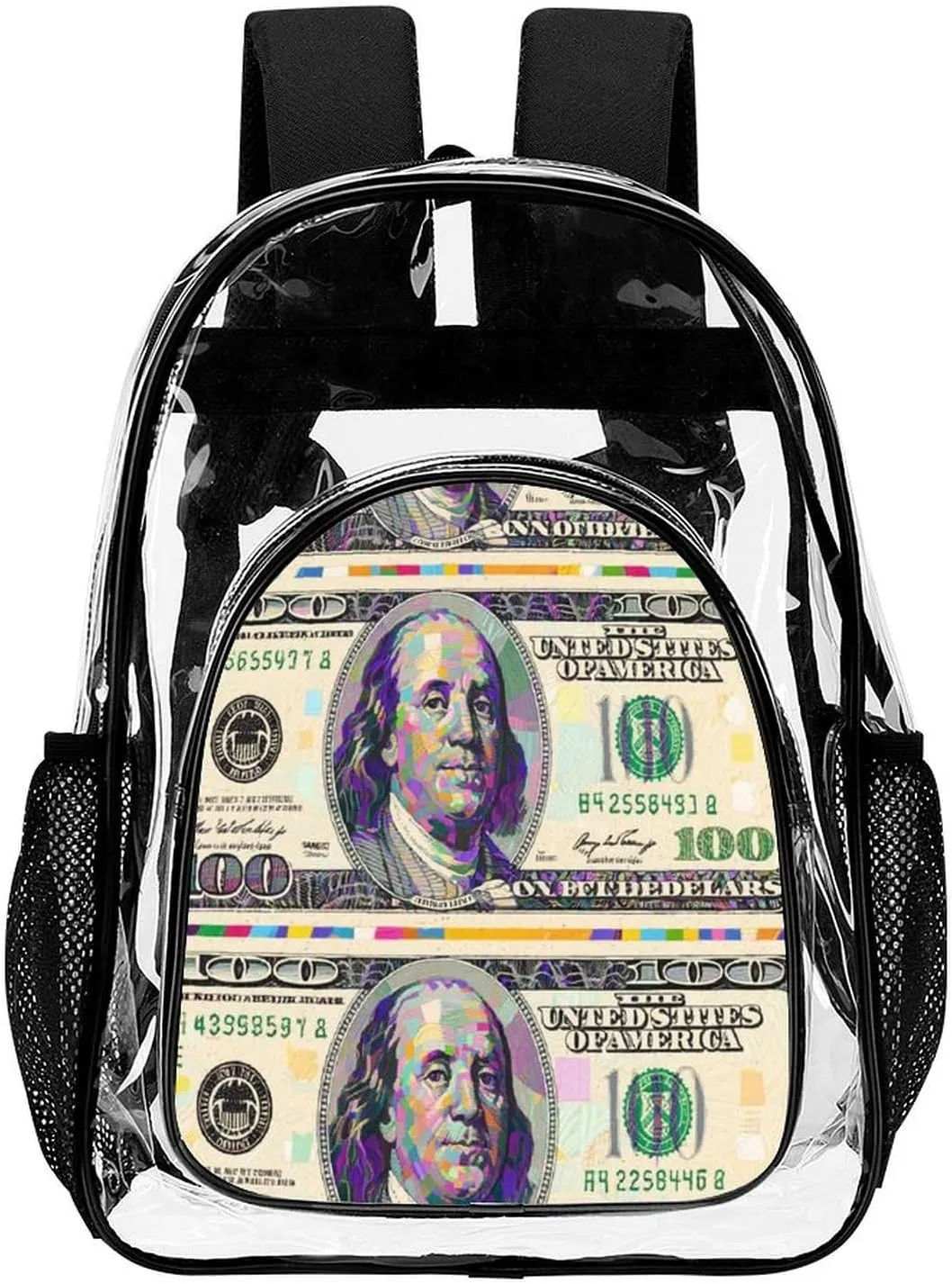 Supdreamc Lightweight Daypack Backpack for Trekking Work Running - Big Capacity Multipurpose Transparent Bookbag, American Money Colorful Bill Dollars Art Business Computer Bag