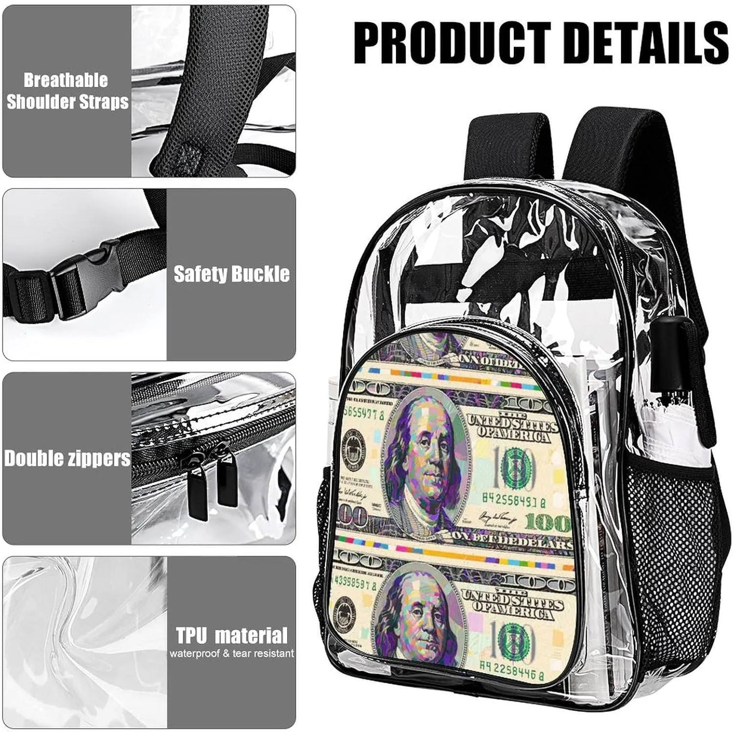 Supdreamc Lightweight Daypack Backpack for Trekking Work Running - Big Capacity Multipurpose Transparent Bookbag, American Money Colorful Bill Dollars Art Business Computer Bag