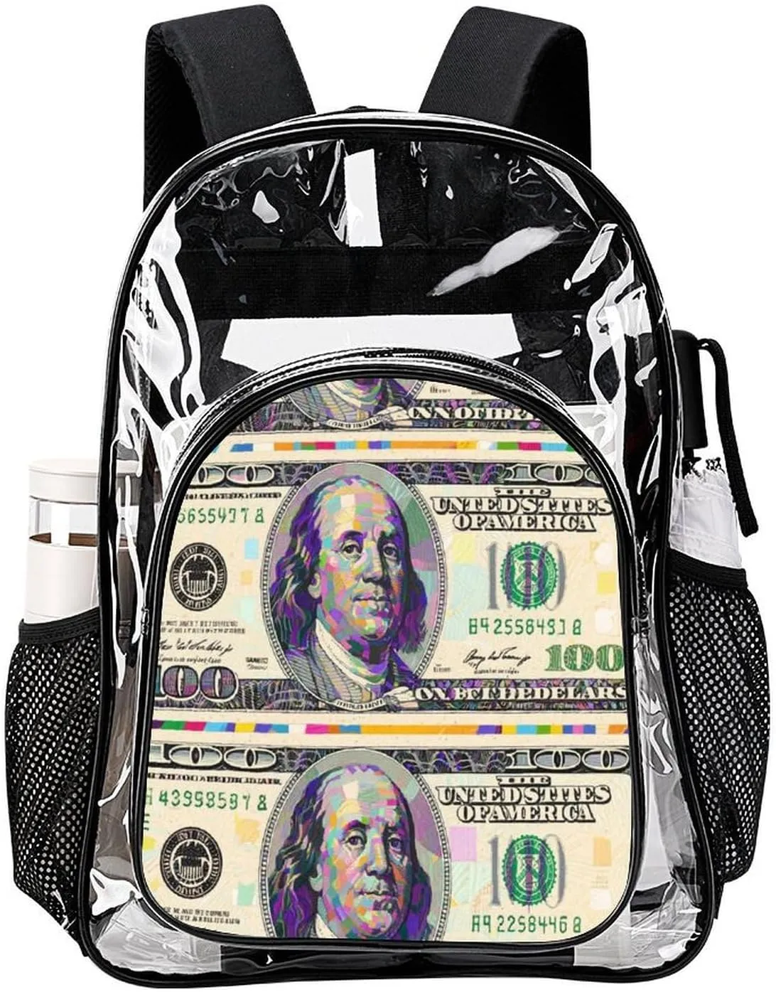 Supdreamc Lightweight Daypack Backpack for Trekking Work Running - Big Capacity Multipurpose Transparent Bookbag, American Money Colorful Bill Dollars Art Business Computer Bag