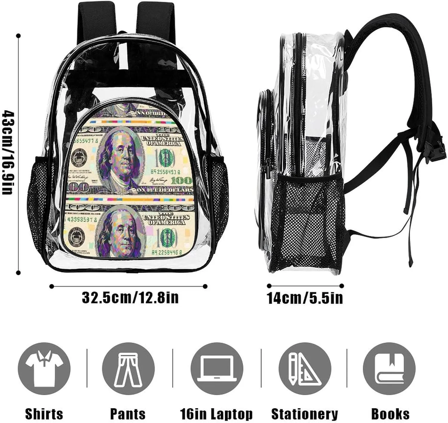 Supdreamc Lightweight Daypack Backpack for Trekking Work Running - Big Capacity Multipurpose Transparent Bookbag, American Money Colorful Bill Dollars Art Business Computer Bag