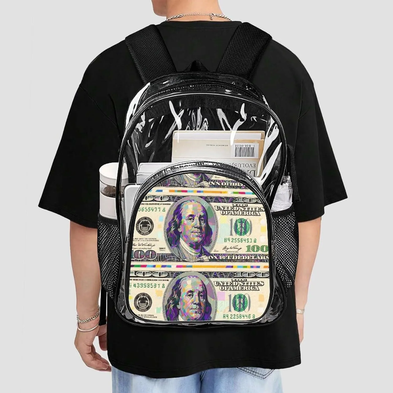 Supdreamc Lightweight Daypack Backpack for Trekking Work Running - Big Capacity Multipurpose Transparent Bookbag, American Money Colorful Bill Dollars Art Business Computer Bag
