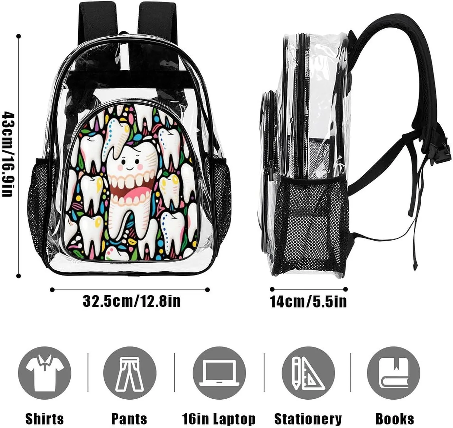 Supdreamc Men Women Lightweight Cartoon Teeth Dental Art Backpack Large Capacity Bookbag Transparent Bag for Gym Business Running