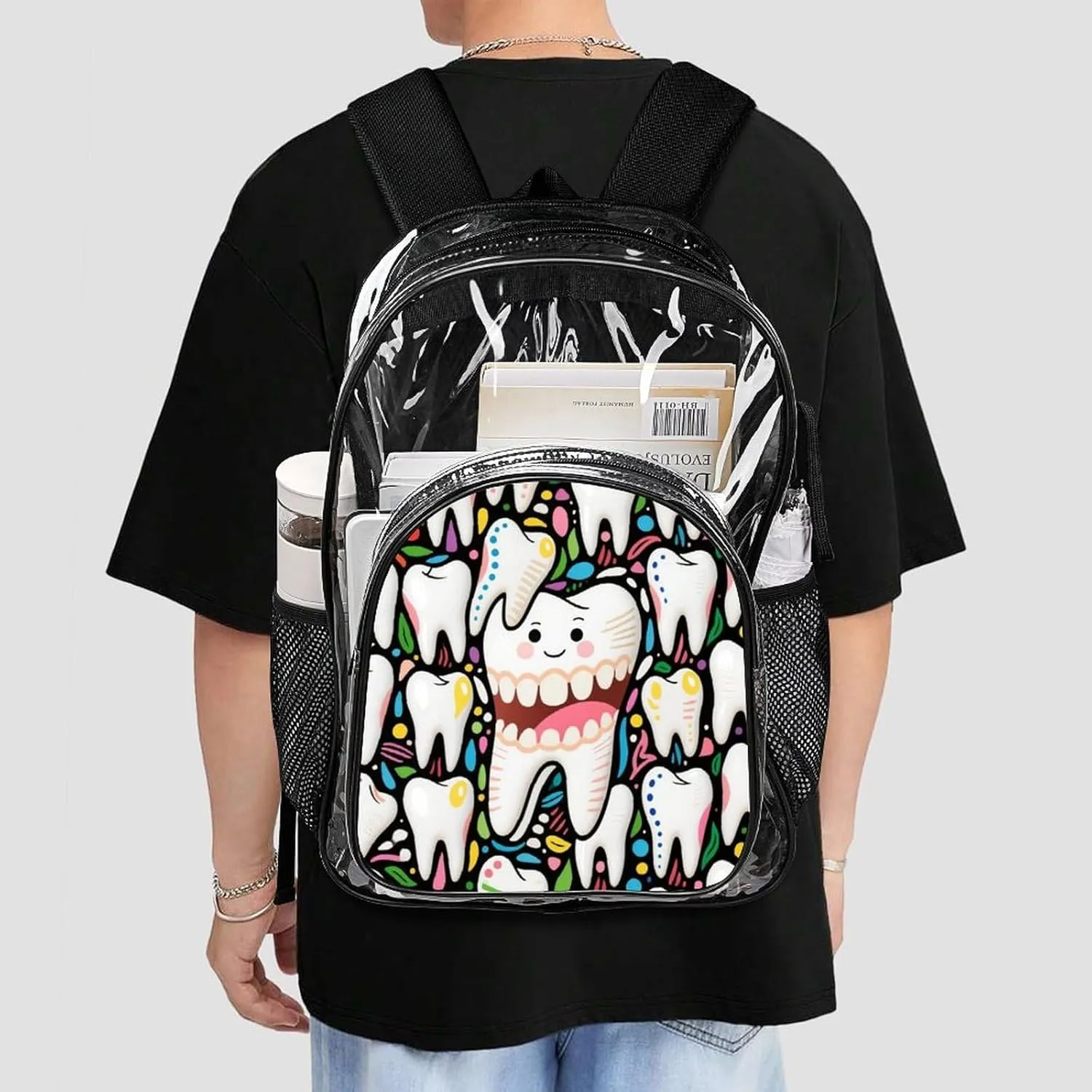 Supdreamc Men Women Lightweight Cartoon Teeth Dental Art Backpack Large Capacity Bookbag Transparent Bag for Gym Business Running