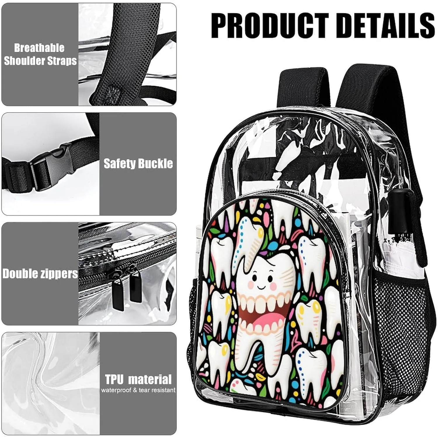 Supdreamc Men Women Lightweight Cartoon Teeth Dental Art Backpack Large Capacity Bookbag Transparent Bag for Gym Business Running