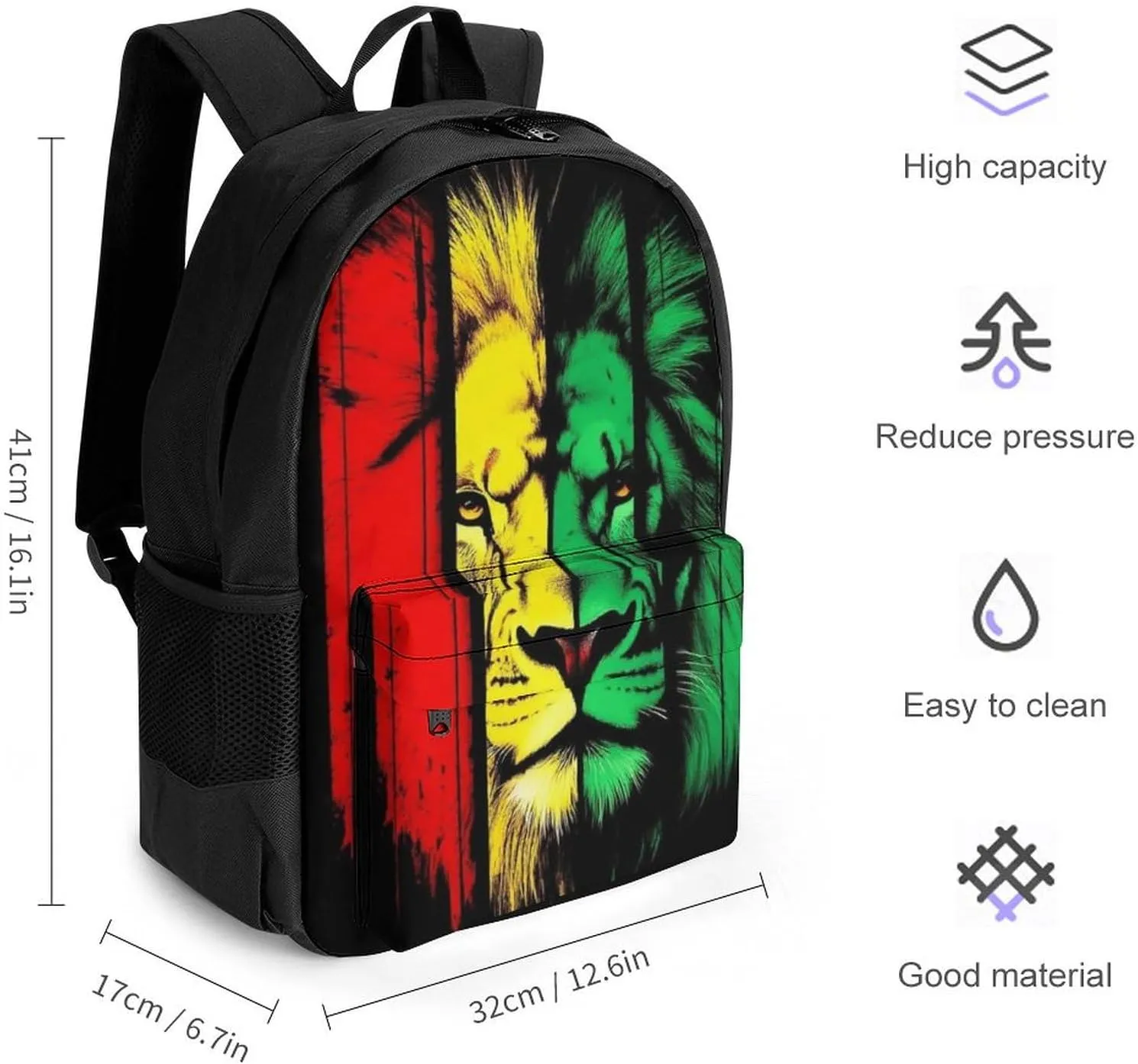Supdreamc Men Women Polyester Reggae Rasta Flag Lion Daypack Big Capacity Shoulder Bag With Adjustable Shoulder Straps for Camping Travel Walking Cycling