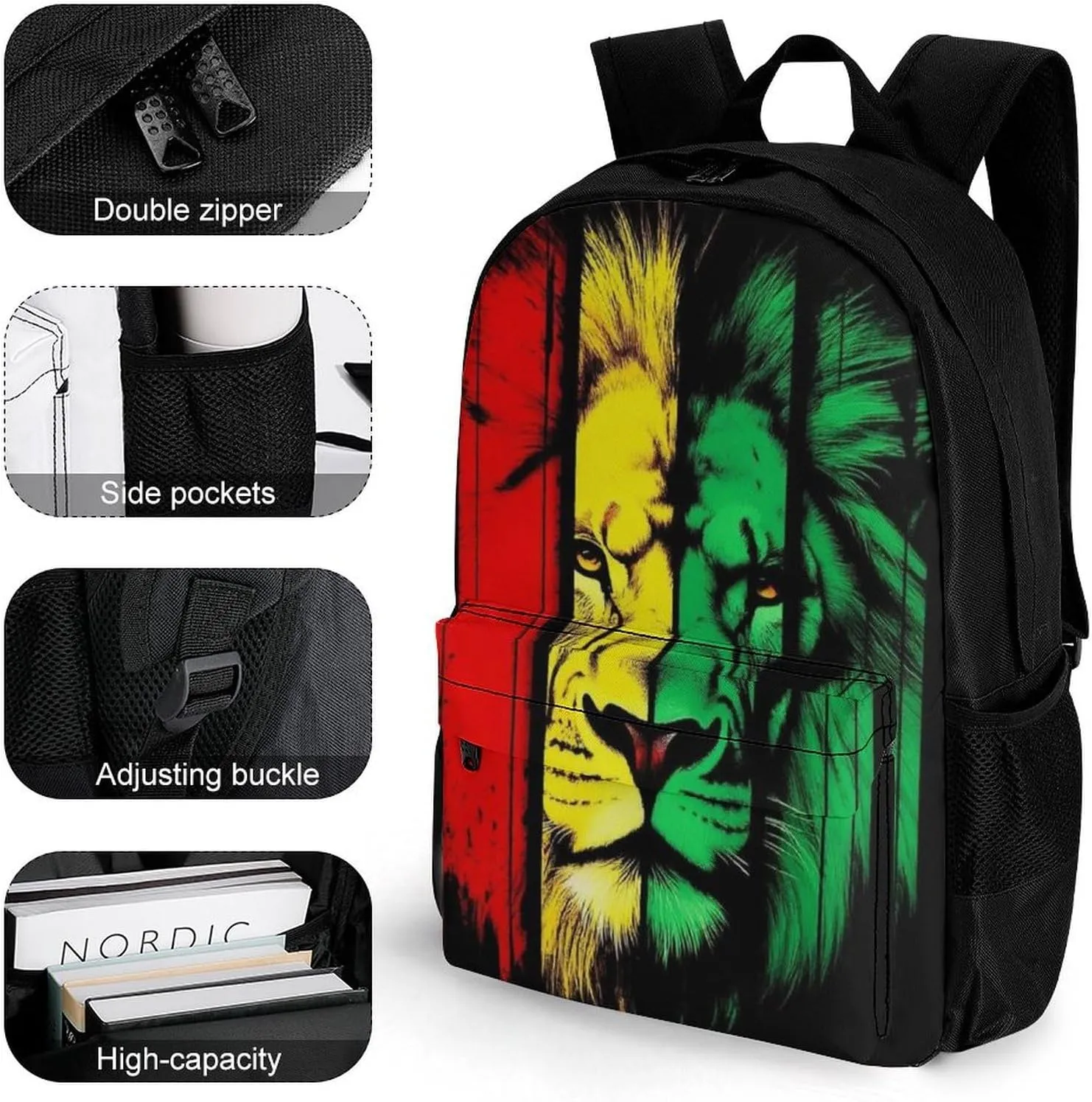Supdreamc Men Women Polyester Reggae Rasta Flag Lion Daypack Big Capacity Shoulder Bag With Adjustable Shoulder Straps for Camping Travel Walking Cycling