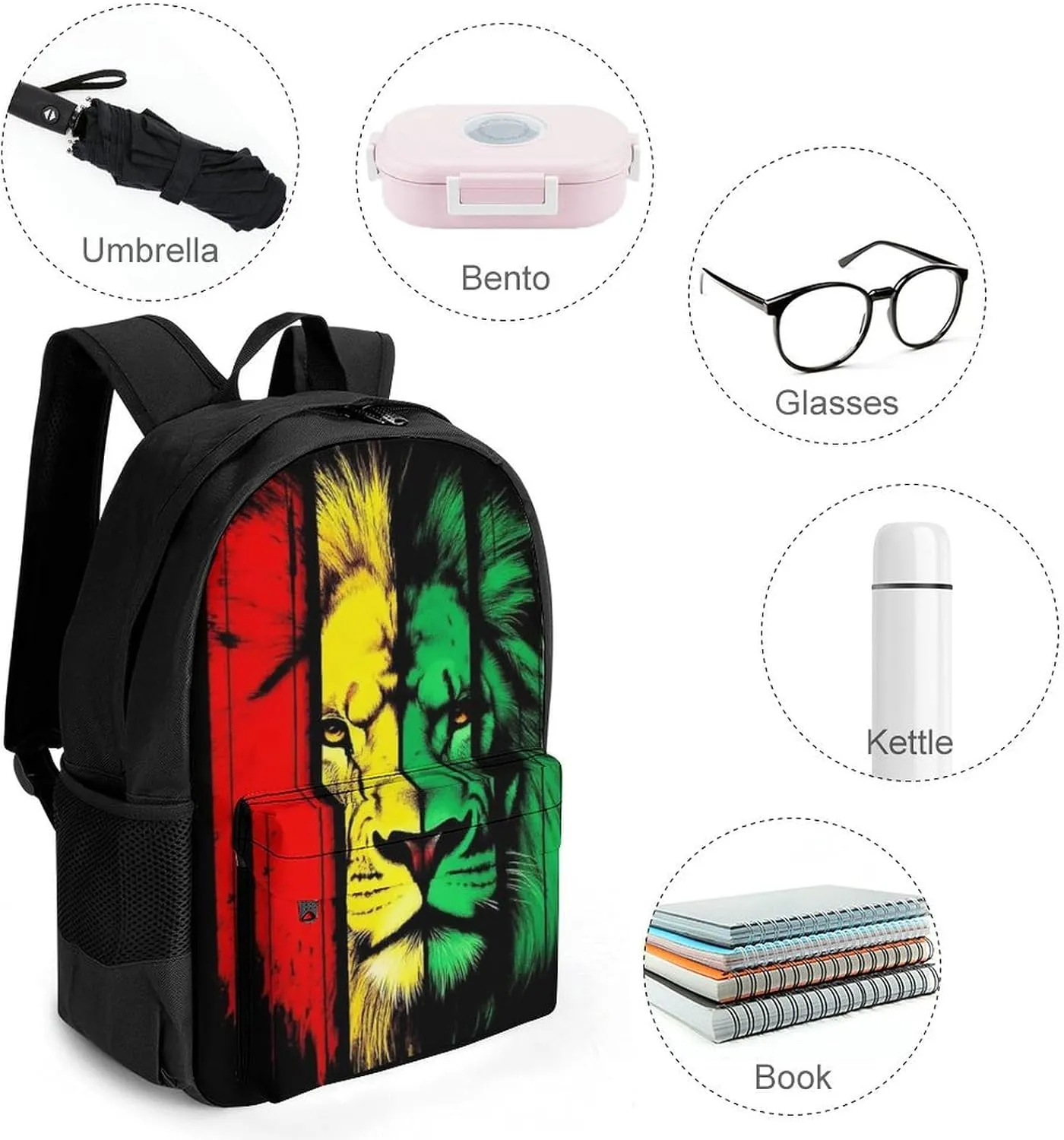 Supdreamc Men Women Polyester Reggae Rasta Flag Lion Daypack Big Capacity Shoulder Bag With Adjustable Shoulder Straps for Camping Travel Walking Cycling