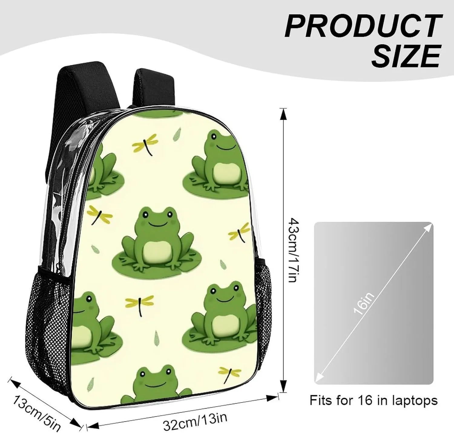 Supdreamc Men Women Transparent Cute Frog Animal Green Frogs Daypack Bookbag Big Capacity Shoulder Bag With Padded Straps for Climbing Travel Walking Cycling