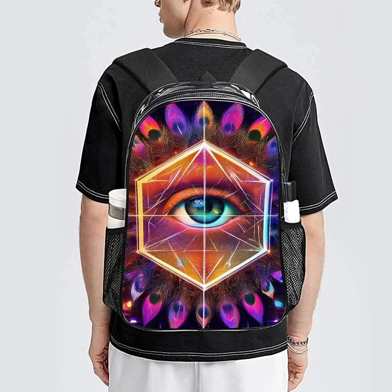 Supdreamc Rucksack Anti-Theft Multipurpose Large Capacity Carry On Bag - Colorful Tattoo Trippy Acid Eye Travel Hiking Day Pack Transparent Bag