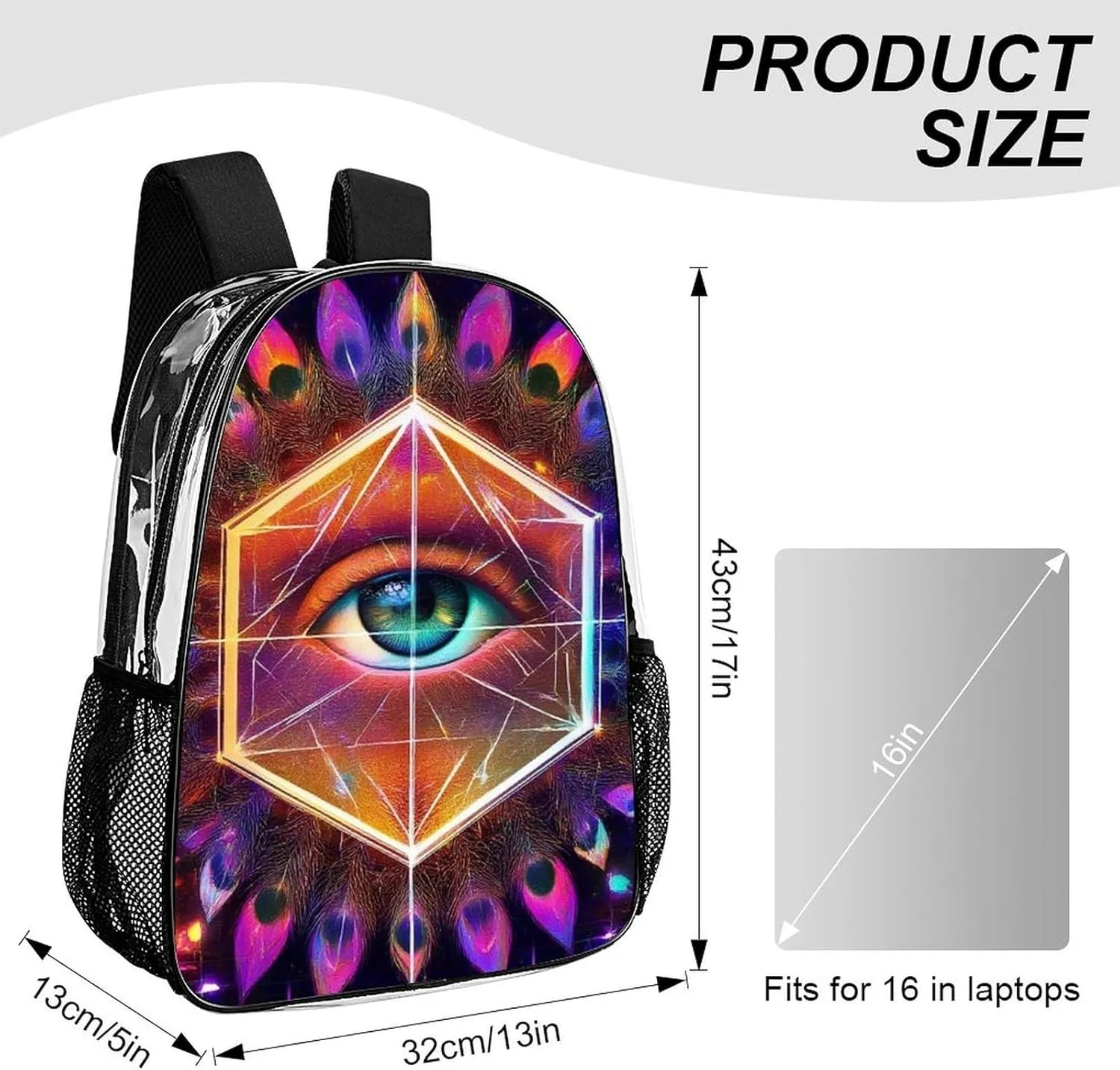 Supdreamc Rucksack Anti-Theft Multipurpose Large Capacity Carry On Bag - Colorful Tattoo Trippy Acid Eye Travel Hiking Day Pack Transparent Bag
