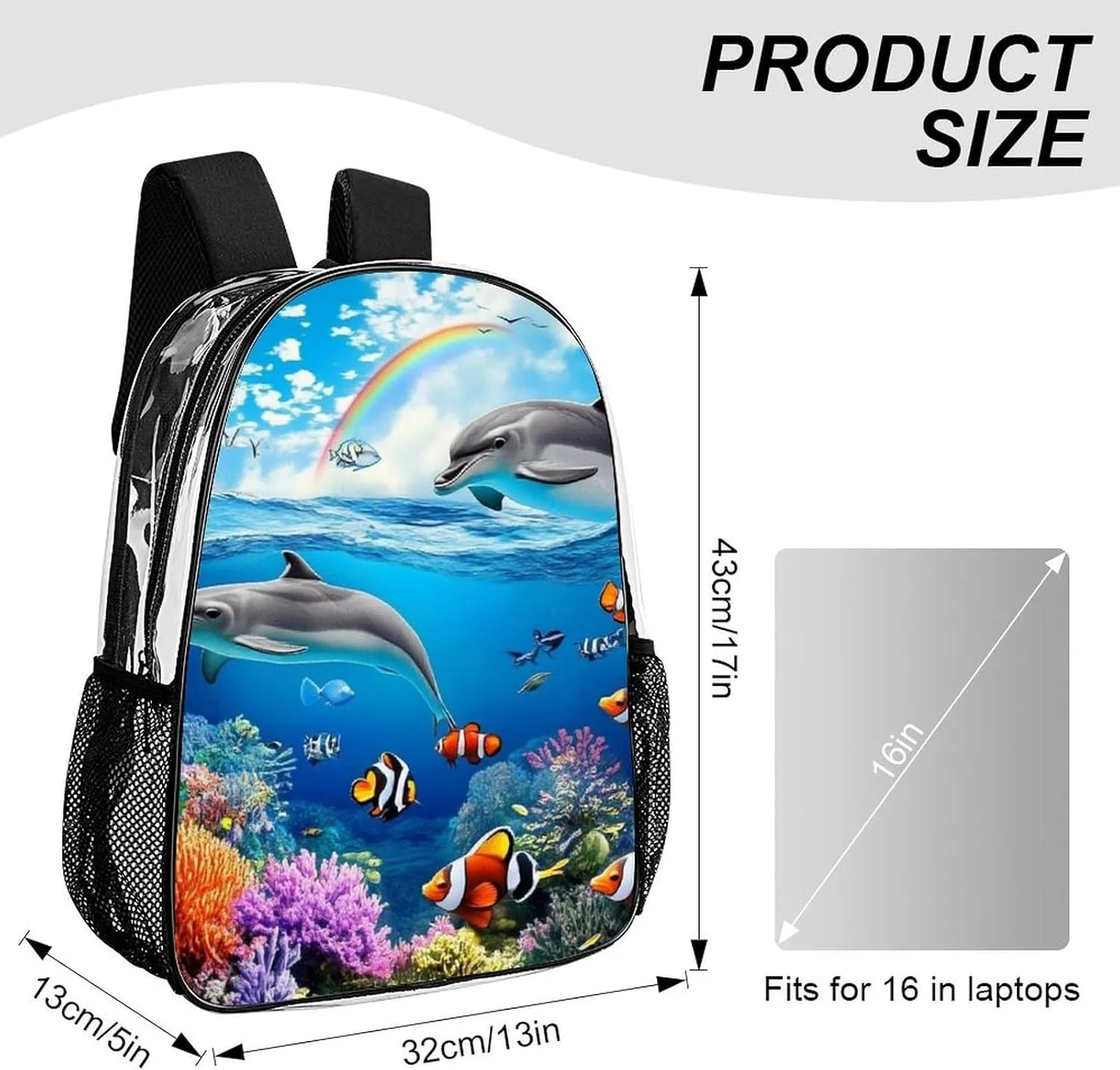 Supdreamc Transparent Daypack for Hiking Work Running - Big Capacity Anti-Theft Multipurpose Shoulder Bag, Blue Ocean Underwater World Dolphin Art Travel and Sport Backpack Rucksack