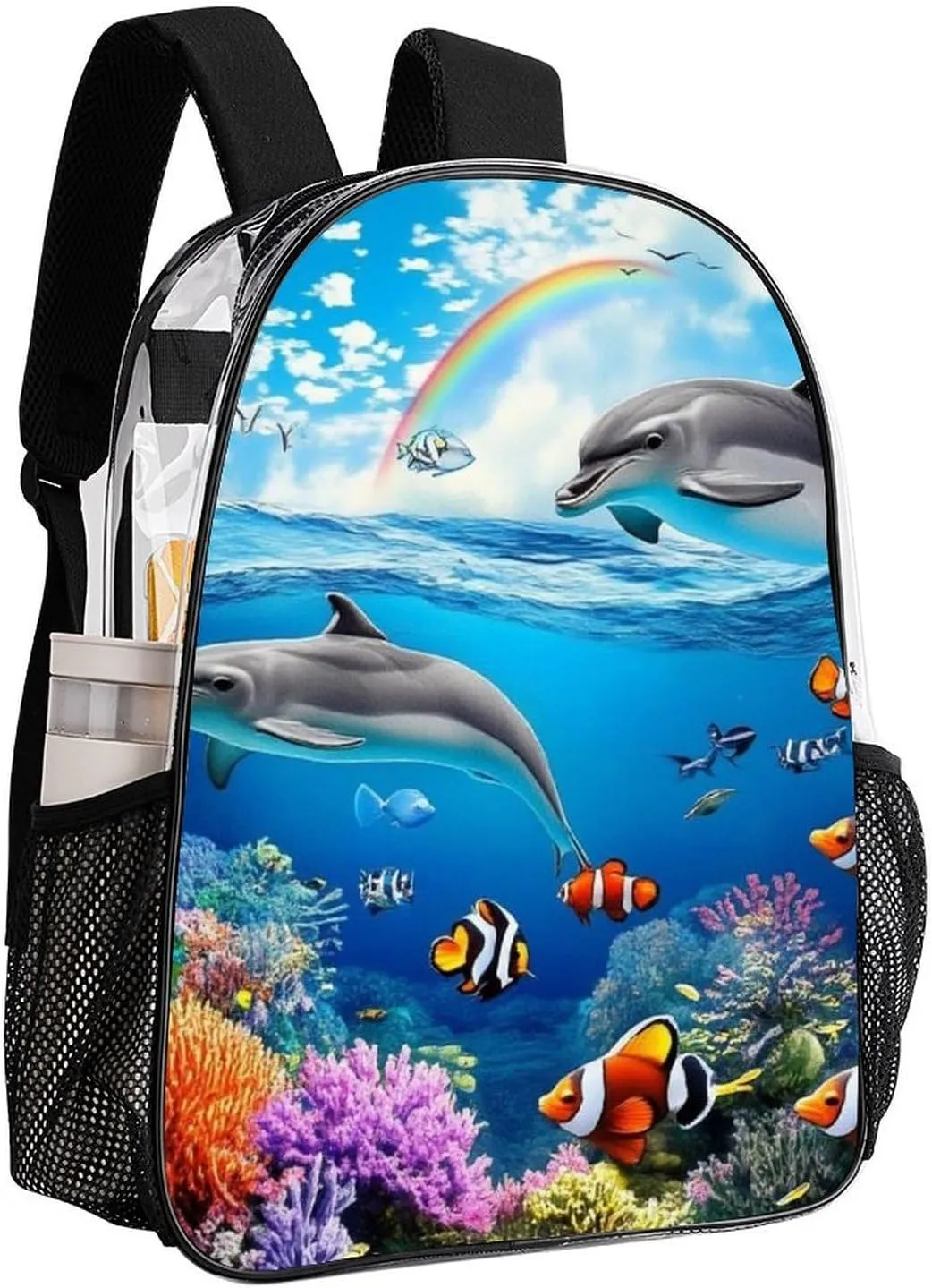 Supdreamc Transparent Daypack for Hiking Work Running - Big Capacity Anti-Theft Multipurpose Shoulder Bag, Blue Ocean Underwater World Dolphin Art Travel and Sport Backpack Rucksack