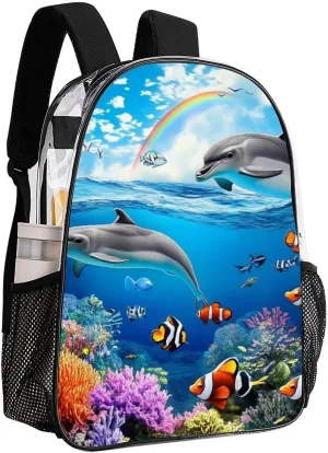Supdreamc Transparent Daypack for Hiking Work Running - Big Capacity Anti-Theft Multipurpose Shoulder Bag, Blue Ocean Underwater World Dolphin Art Travel and Sport Backpack Rucksack