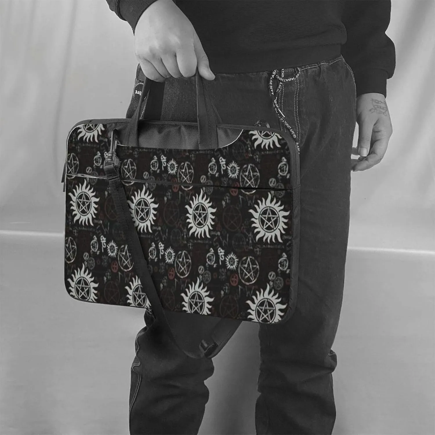 Supernatural Symbols Black Print Laptop Bag,Can Use It Freely As A Shoulder Bag,Crossbody Bag,And Briefcase