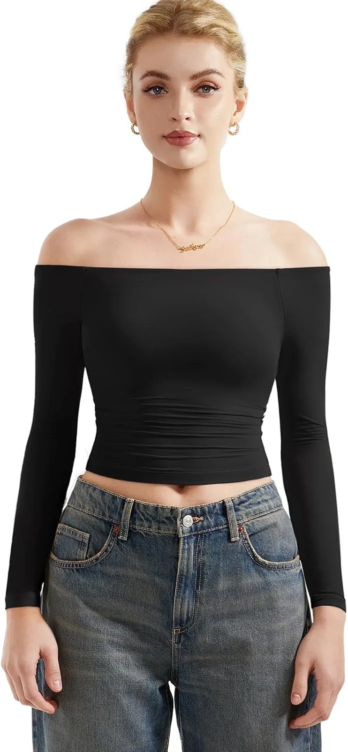 SUUKSESS Women Off Shoulder Double Lined Long Sleeve Shirts Basic Going Out Tops