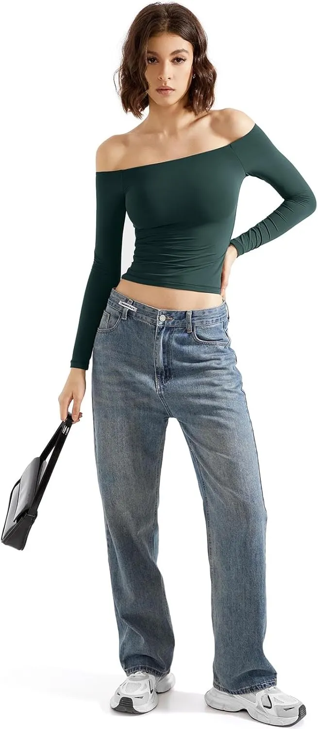 SUUKSESS Women Off Shoulder Double Lined Long Sleeve Shirts Basic Going Out Tops