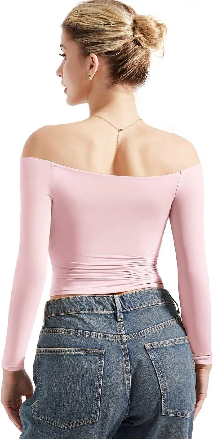 SUUKSESS Women Off Shoulder Double Lined Long Sleeve Shirts Basic Going Out Tops