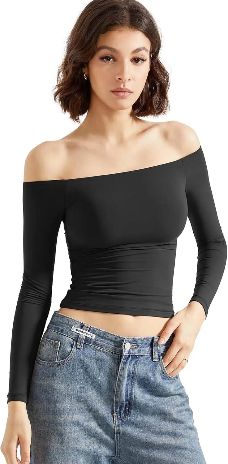 SUUKSESS Women Off Shoulder Double Lined Long Sleeve Shirts Basic Going Out Tops