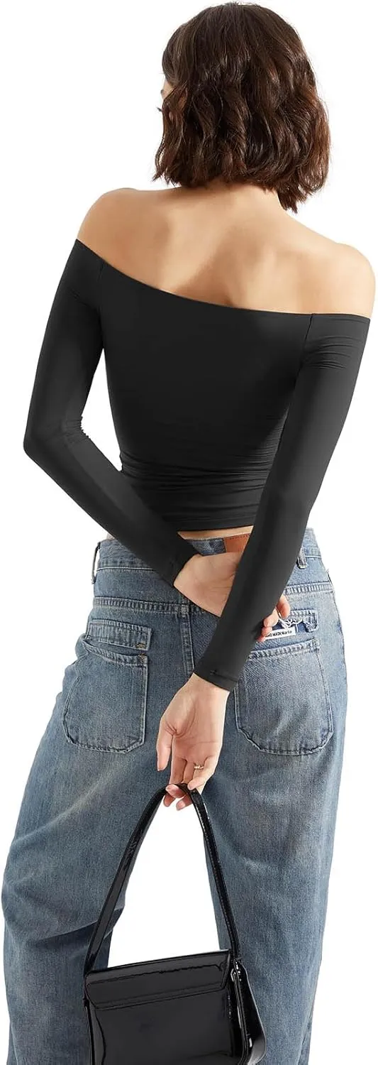 SUUKSESS Women Off Shoulder Double Lined Long Sleeve Shirts Basic Going Out Tops