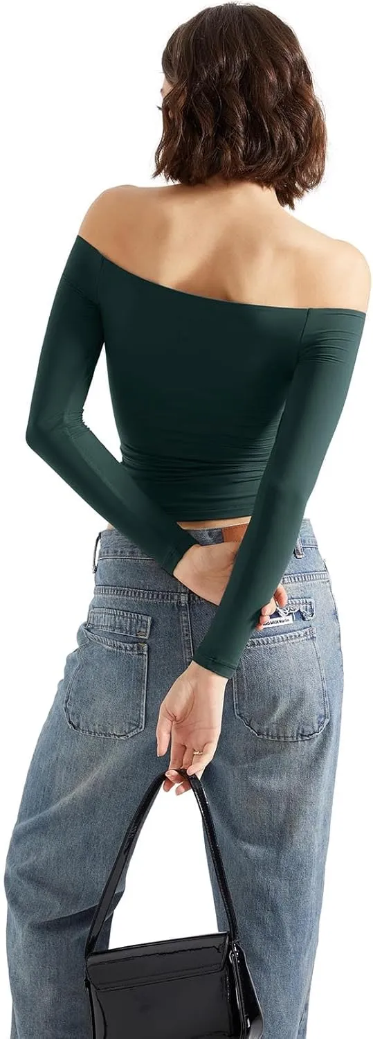 SUUKSESS Women Off Shoulder Double Lined Long Sleeve Shirts Basic Going Out Tops
