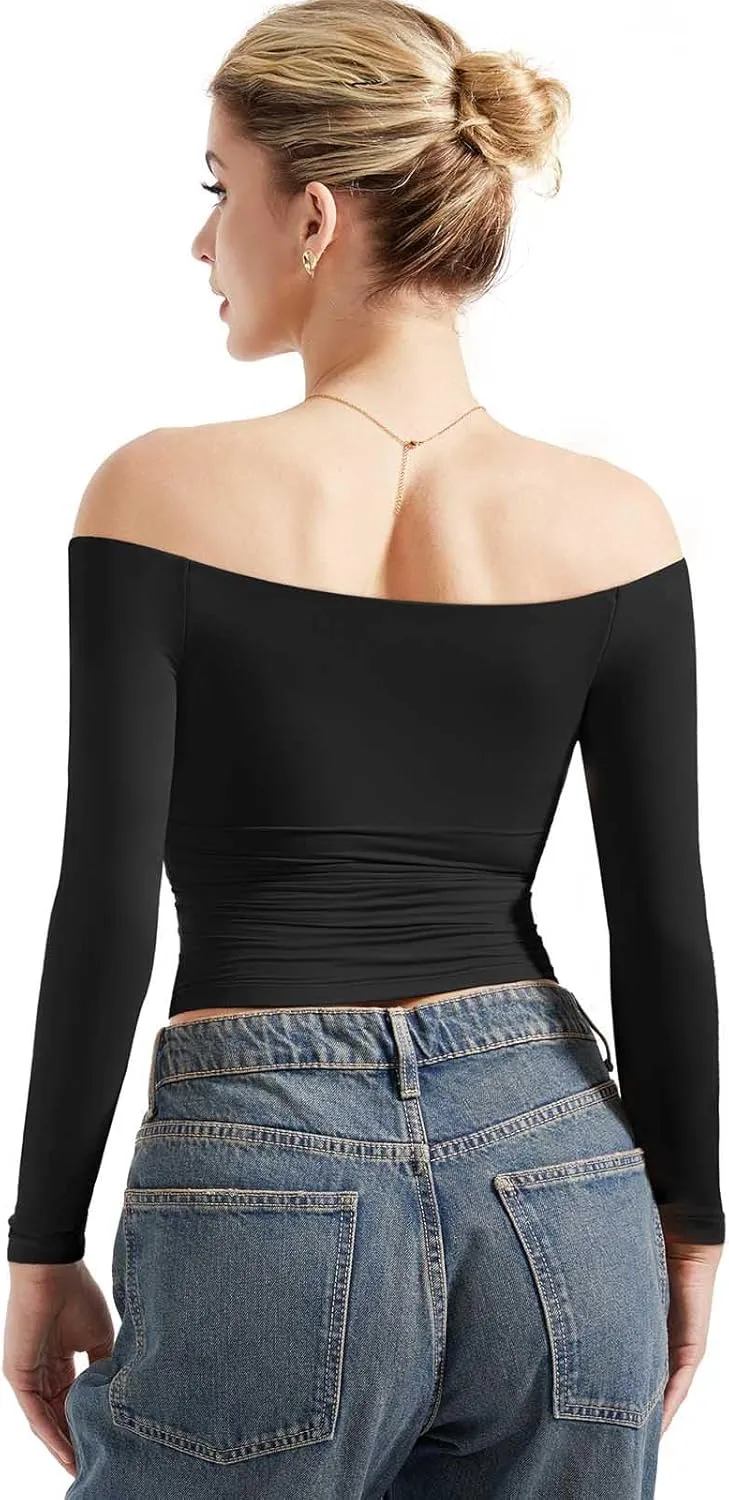 SUUKSESS Women Off Shoulder Double Lined Long Sleeve Shirts Basic Going Out Tops