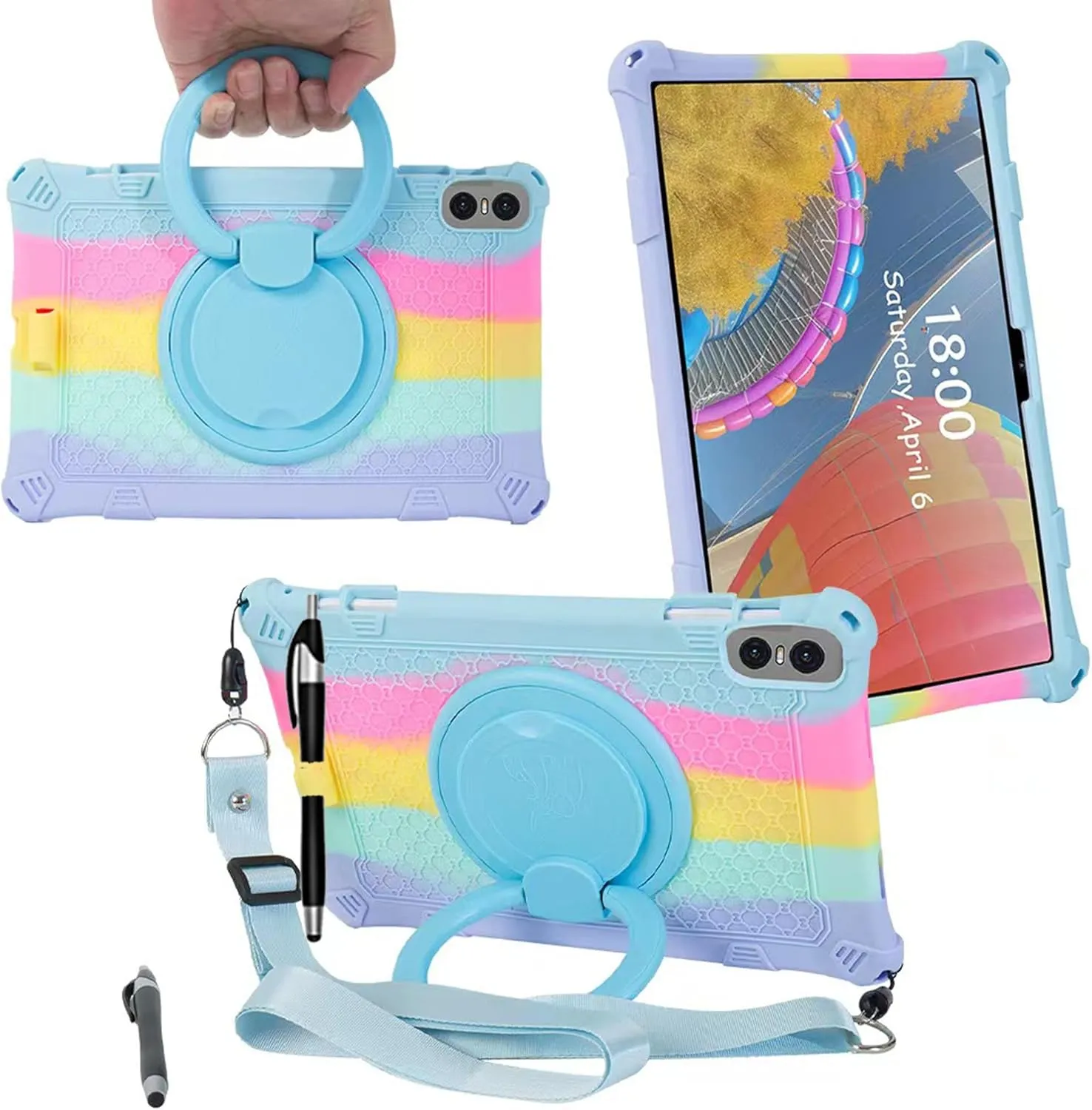 Tablet Case for Teclast T50 Pro 11 inch Soft Anti-Stress Silicone Case with 360° Rotate Stand/Pencil Holder/Shoulder Strap/Pen for Teclast T50 Pro (Colorful Light Blue)