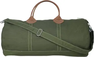 Tag&Crew Solid Round Duffle Unisex Carryon Handbag with Leather Handles Adjustable Shoulder Strap Metal Accessories Sturdy Zippers, Ideal for Gym Lovers Overnight Travels Mini Vacations - Olive