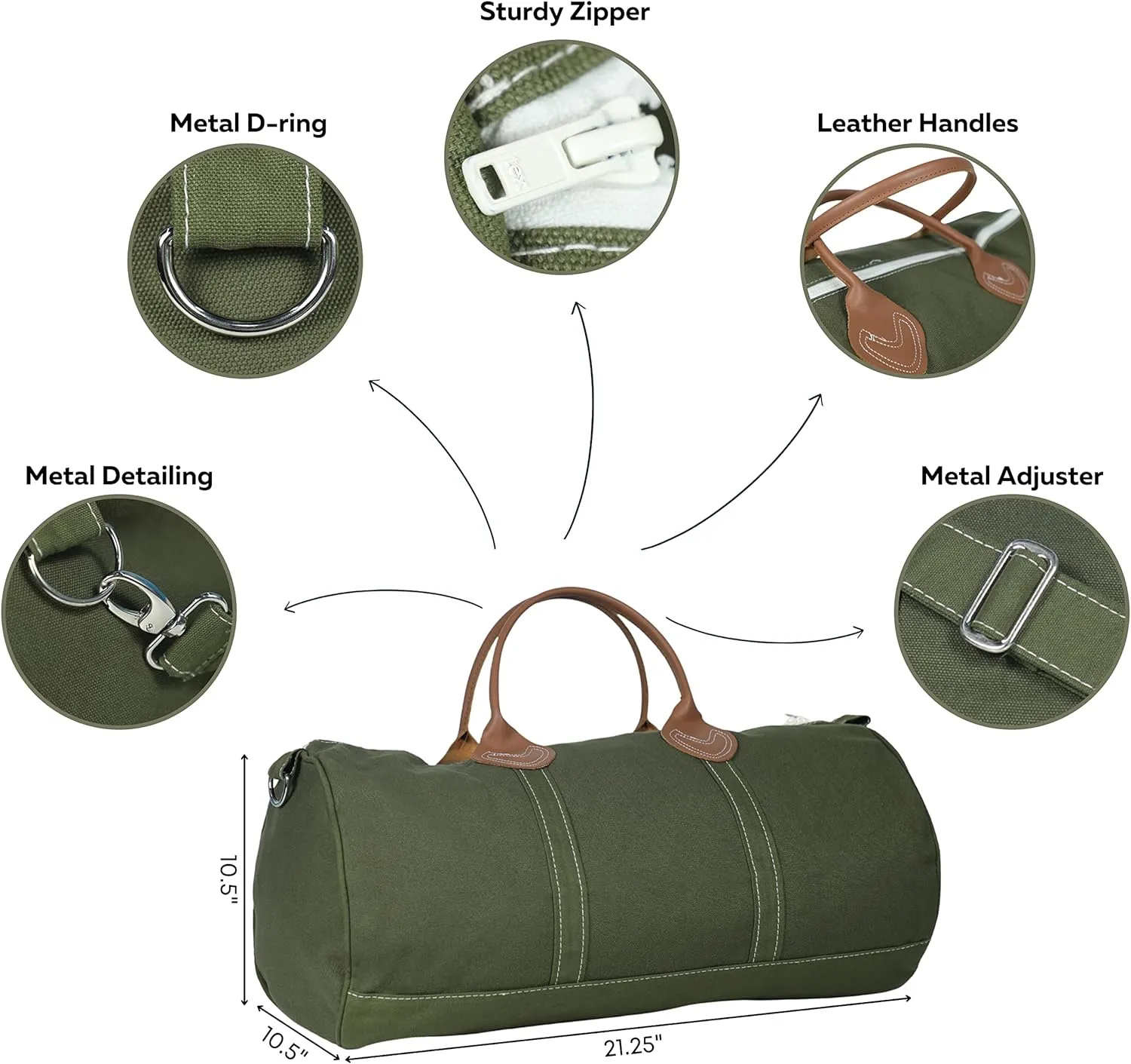 Tag&Crew Solid Round Duffle Unisex Carryon Handbag with Leather Handles Adjustable Shoulder Strap Metal Accessories Sturdy Zippers, Ideal for Gym Lovers Overnight Travels Mini Vacations - Olive