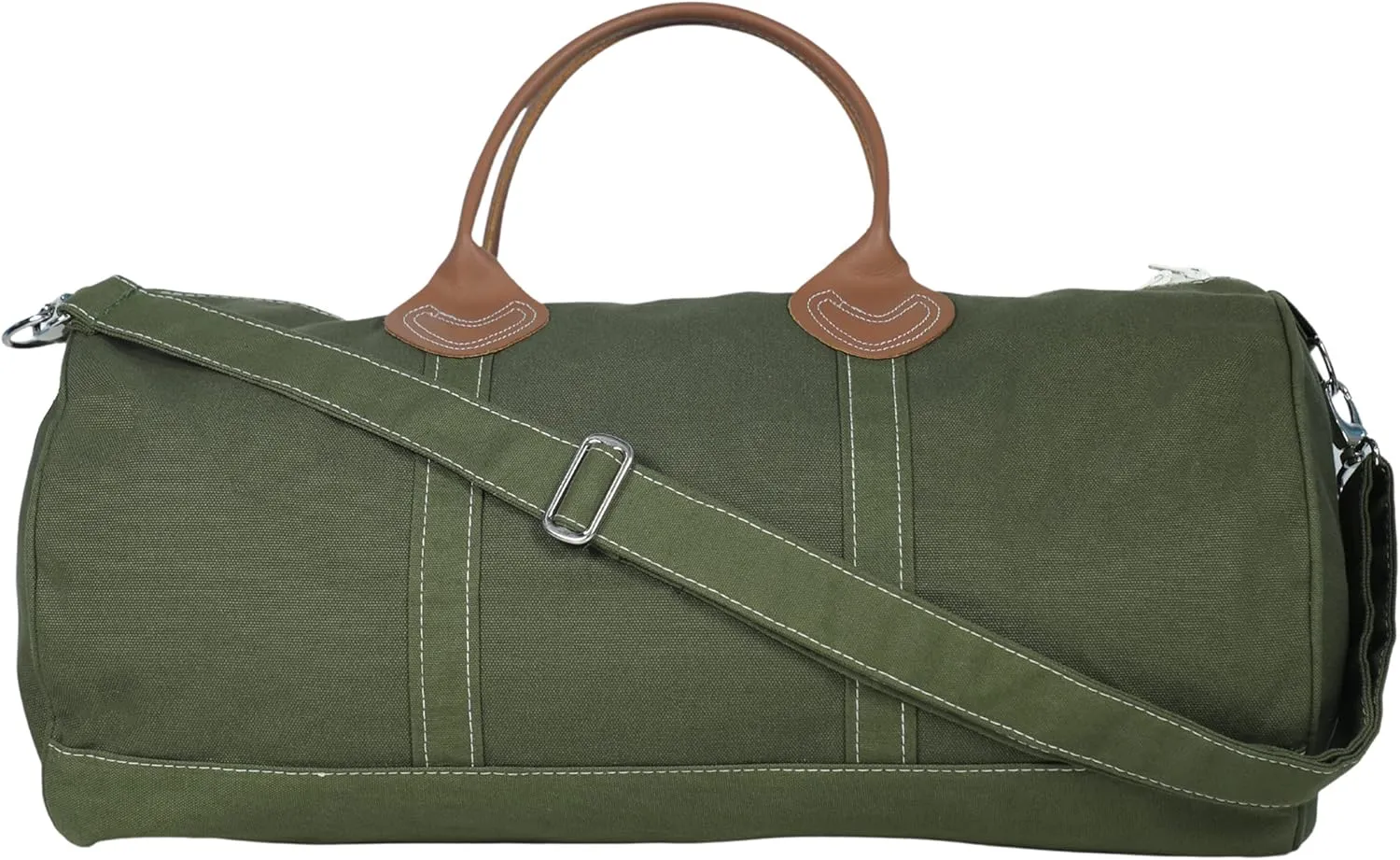 Tag&Crew Solid Round Duffle Unisex Carryon Handbag with Leather Handles Adjustable Shoulder Strap Metal Accessories Sturdy Zippers, Ideal for Gym Lovers Overnight Travels Mini Vacations - Olive