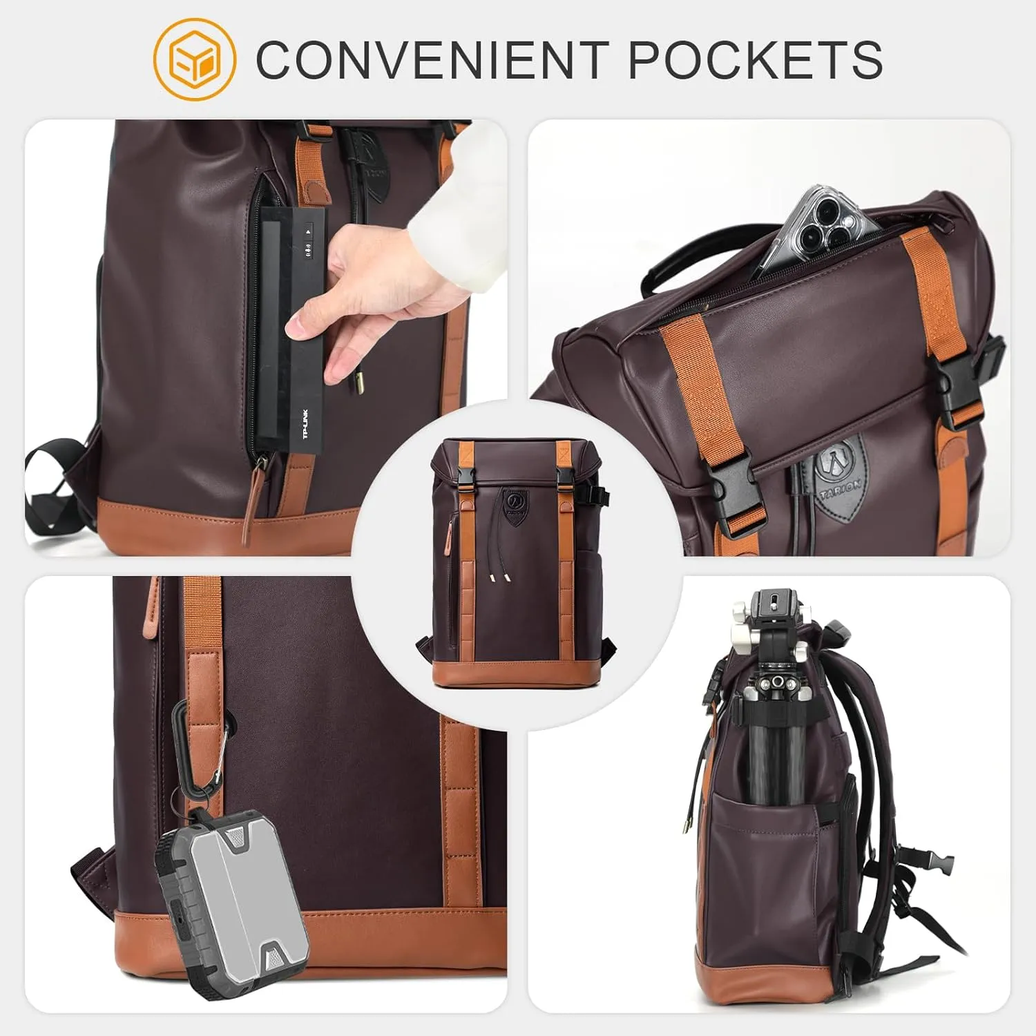 TARION Large Camera Backpack Leather - Waterproof Camera Bag Backpack with Removable Insert 13" Laptop Compartment, Safe Top & Back Openning, Everyday Multipurpose DSLR Camera Backpack Venizia Brown