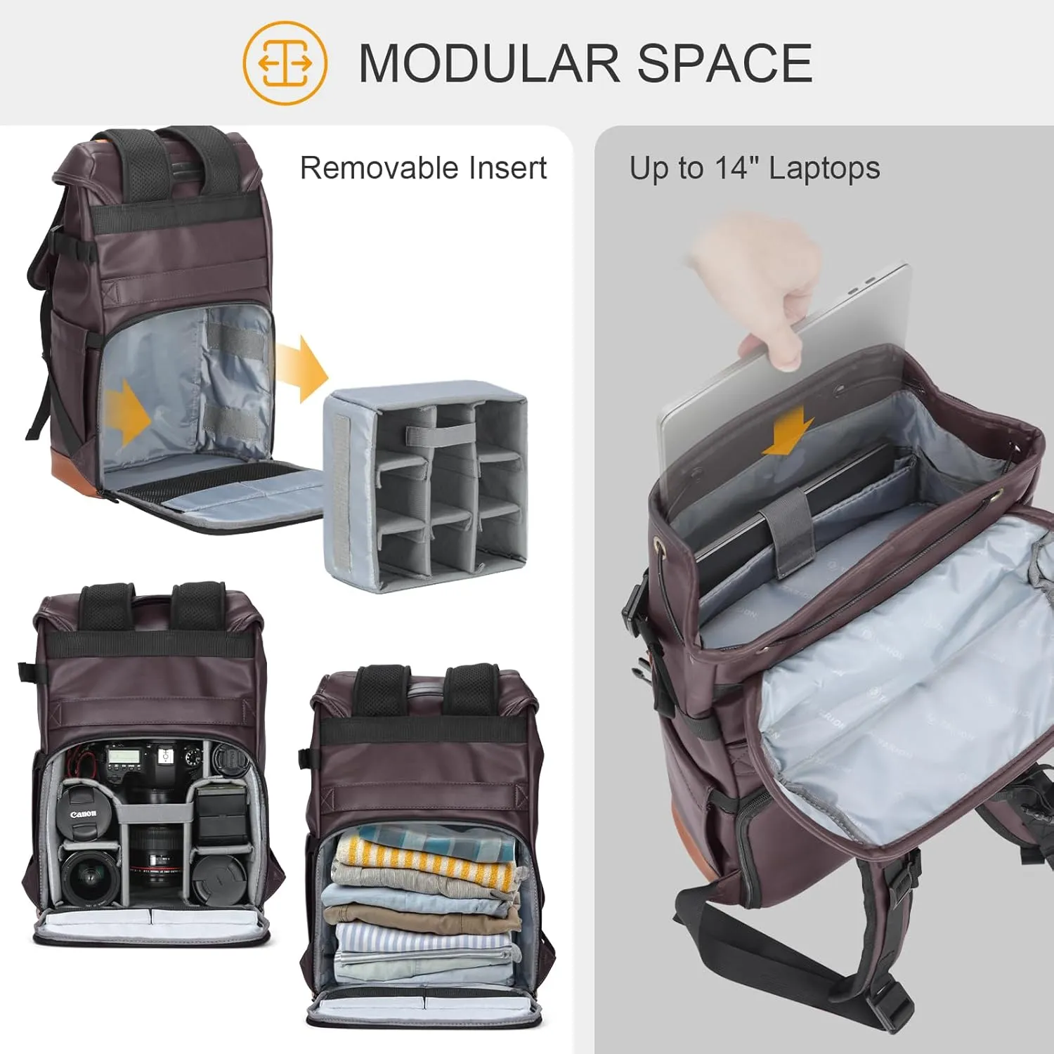 TARION Large Camera Backpack Leather - Waterproof Camera Bag Backpack with Removable Insert 13" Laptop Compartment, Safe Top & Back Openning, Everyday Multipurpose DSLR Camera Backpack Venizia Brown
