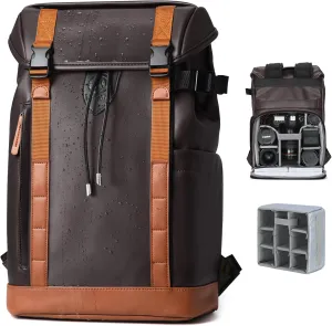 TARION Large Camera Backpack Leather - Waterproof Camera Bag Backpack with Removable Insert 13" Laptop Compartment, Safe Top & Back Openning, Everyday Multipurpose DSLR Camera Backpack Venizia Brown