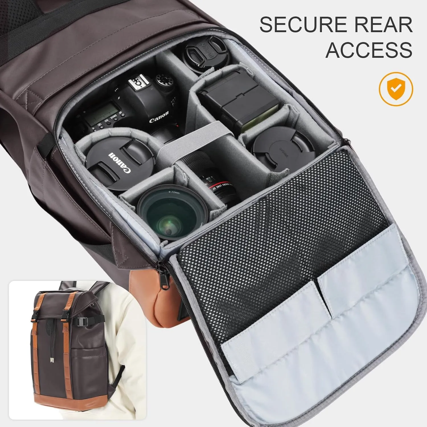 TARION Large Camera Backpack Leather - Waterproof Camera Bag Backpack with Removable Insert 13" Laptop Compartment, Safe Top & Back Openning, Everyday Multipurpose DSLR Camera Backpack Venizia Brown